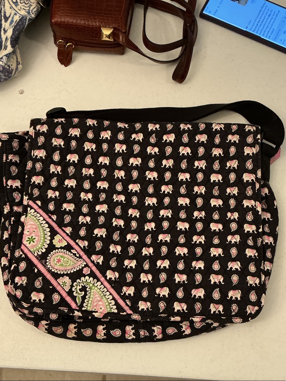 Vera Bradley Black Messenger Bag with Pink Elephant & Paisley Print
